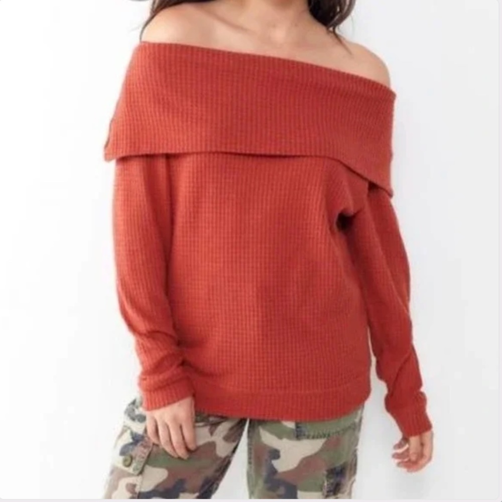 UO Out From Under Thermal Sweater Top Off-The-Shoulder Orange Long Sleeve S